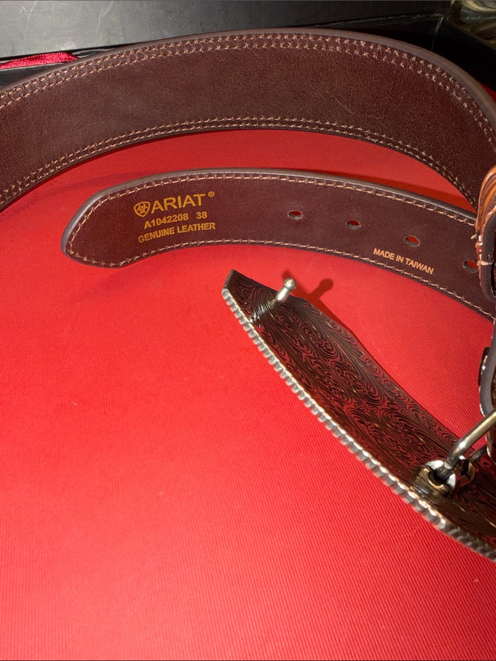 NWOT Ariat Brown Tooled Genuine Leather Belt with Silver & Gold Western Buckle - Picture 4 of 12